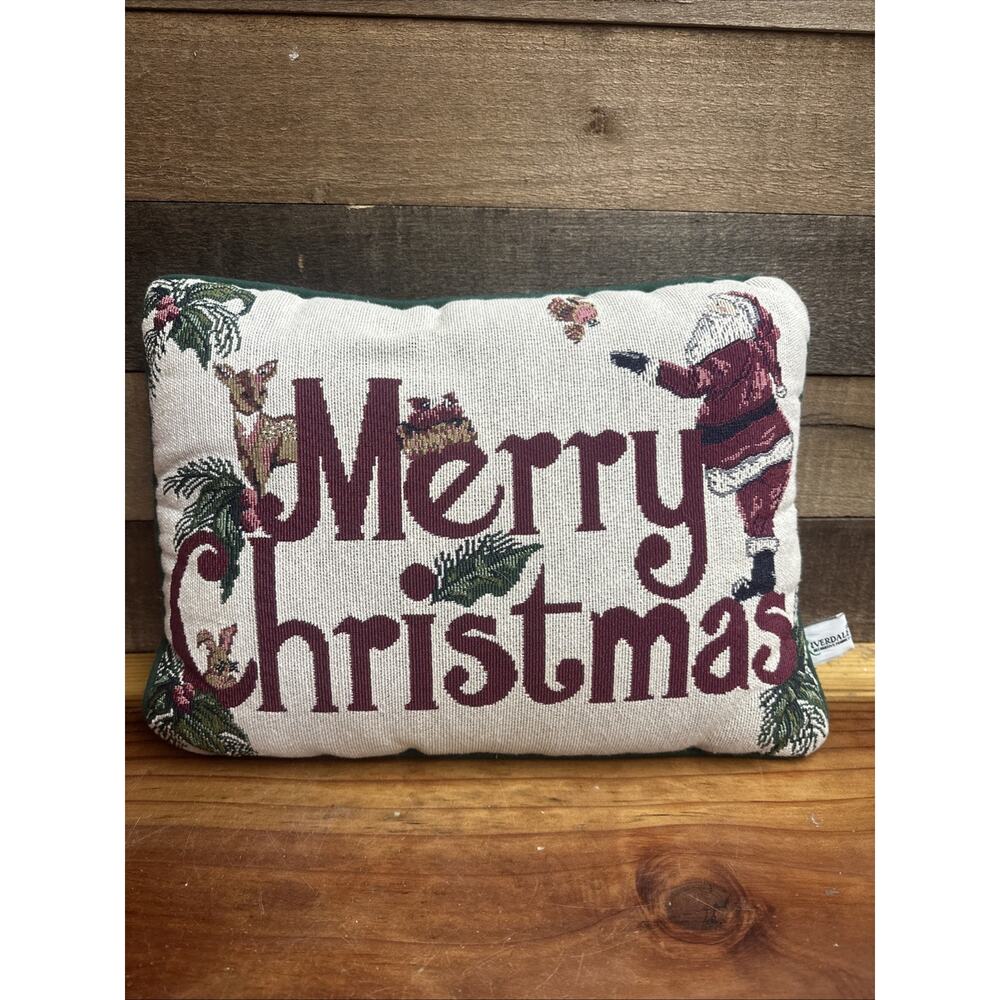 Vintage Merry Christmas Tapestry Throw Pillow Green Back 15x11